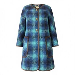 Soft Surroundings Blue Bouclé Plaid Longline Coat Metal Toggle XS EUC